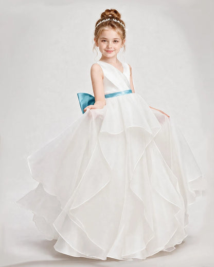 Dideyttawl Organza Flower Girl Dress with Tiered Skirt and Satin Bow