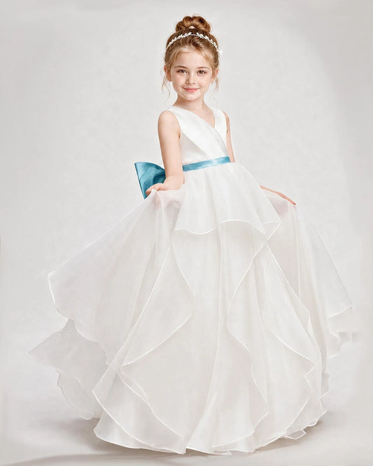 Sky Blue Satin V-Neck A-Line Flower Girl Dress Front View