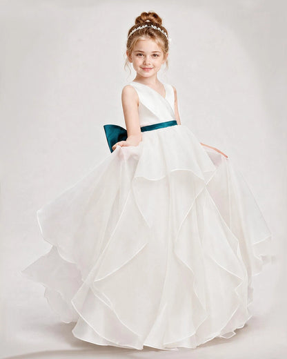 Dideyttawl Organza Flower Girl Dress with Tiered Skirt and Satin Bow