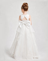 White satin ruffled tiered bow flower girl dresses Back View