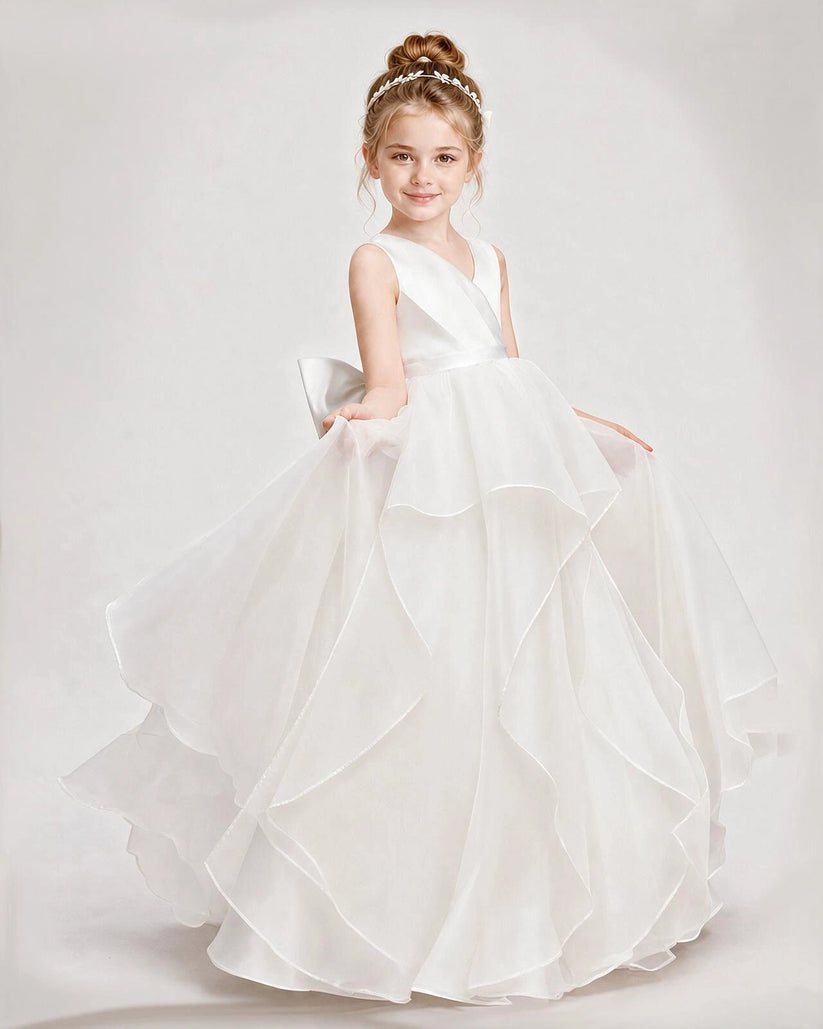 White Satin A-Line Flower Girl Dresses Front View