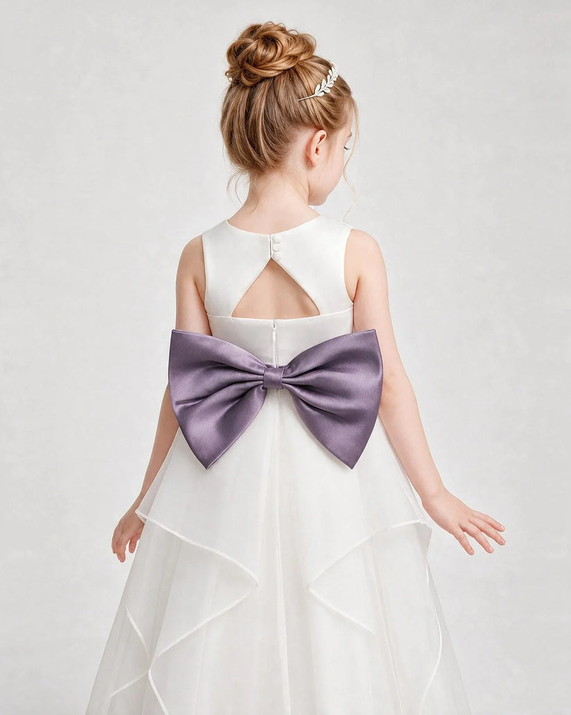 Wisteria satin chiffon tiered bow flower girl dresses