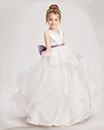 Dideyttawl Organza Flower Girl Dress with Tiered Skirt and Satin Bow