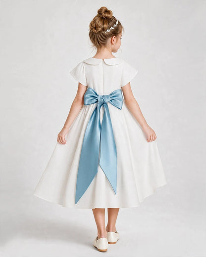 Dideyttawl Satin Peter Pan Collar Flower Girl Dress with Back Bow