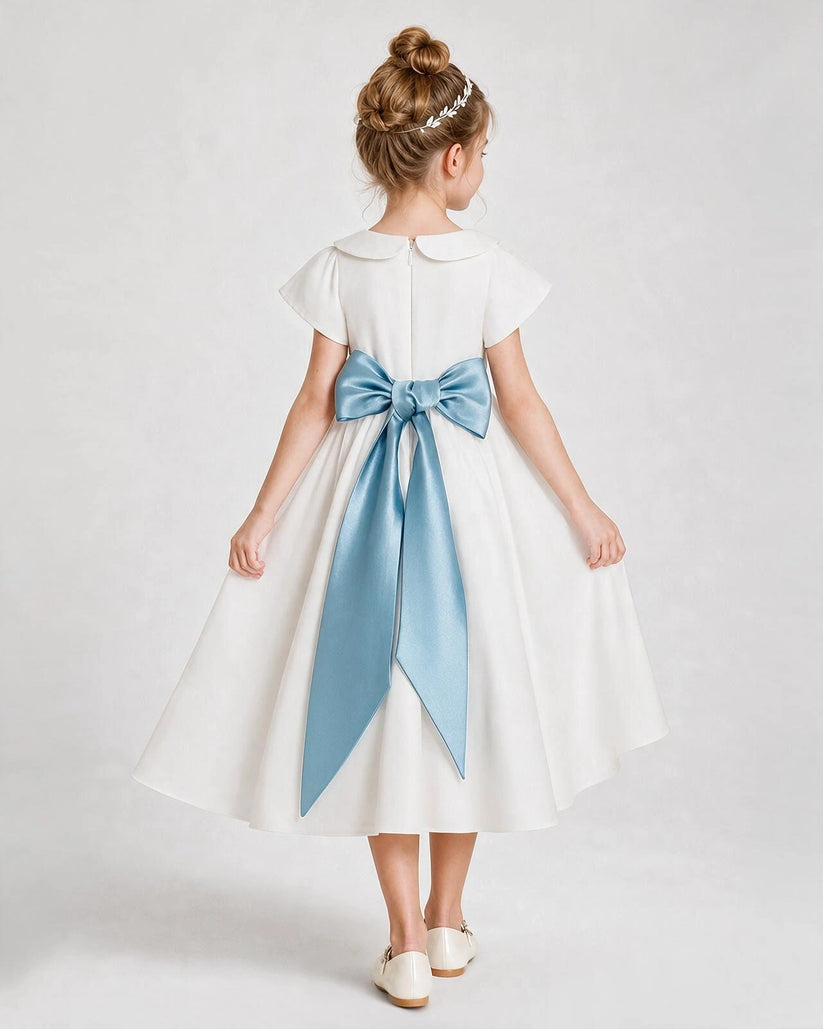 Baby Blue Satin Bow A-Line Flower Girl Dresses Back View