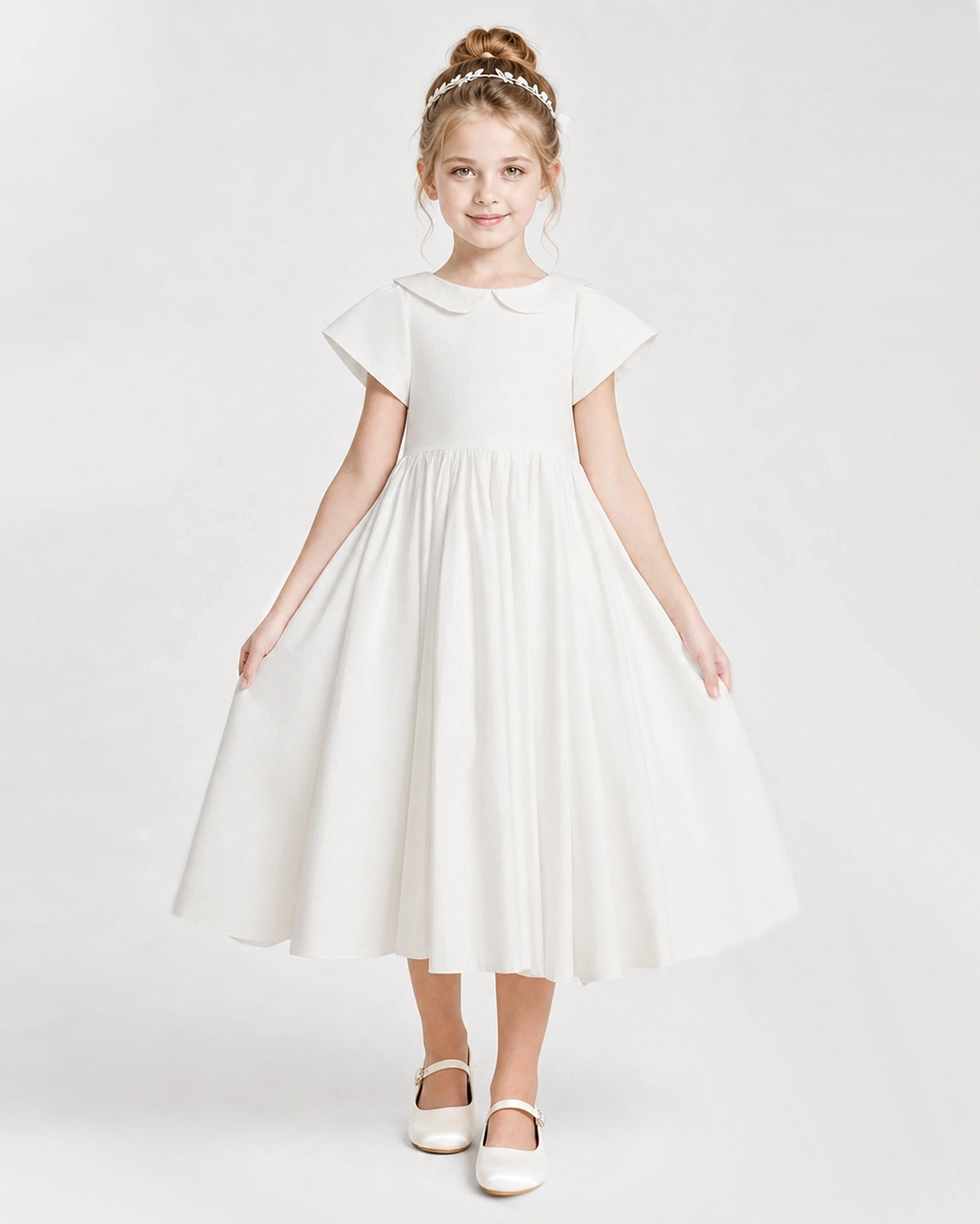 Dideyttawl Satin Peter Pan Collar Flower Girl Dress with Back Bow