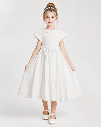 Dideyttawl Satin Peter Pan Collar Flower Girl Dress with Back Bow