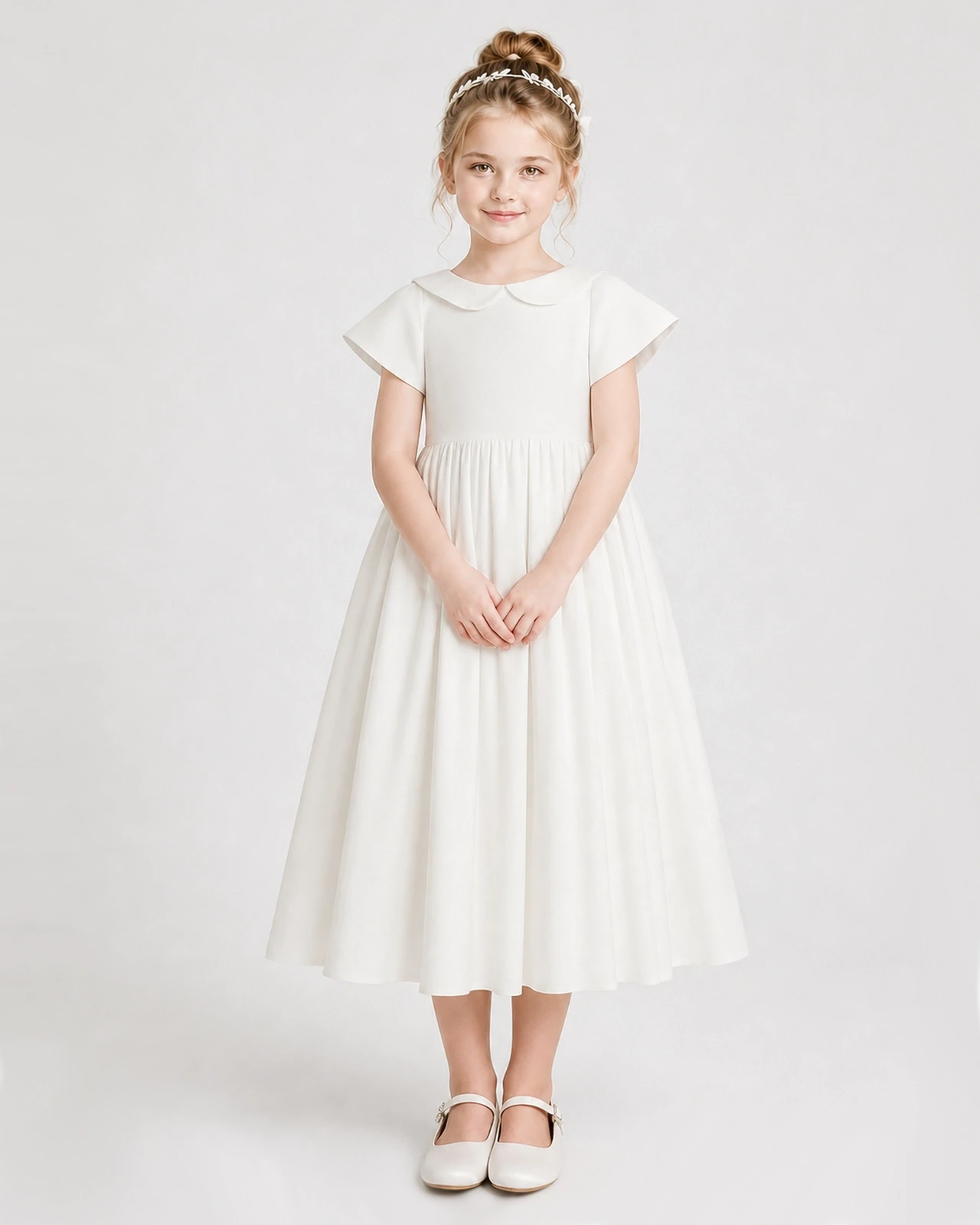 Dideyttawl Satin Peter Pan Collar Flower Girl Dress with Back Bow