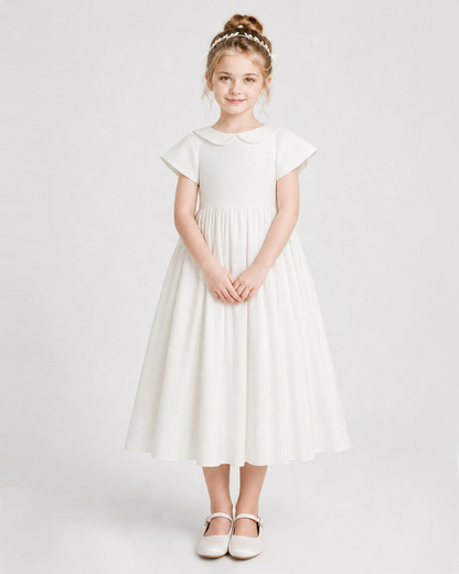 Dideyttawl Satin Peter Pan Collar Flower Girl Dress with Back Bow