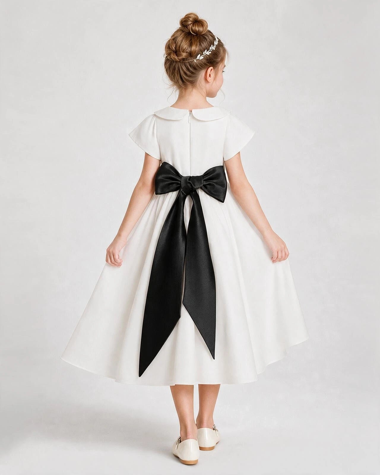 Dideyttawl Satin Peter Pan Collar Flower Girl Dress with Back Bow