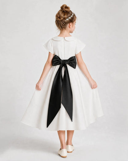 Dideyttawl Satin Peter Pan Collar Flower Girl Dress with Back Bow