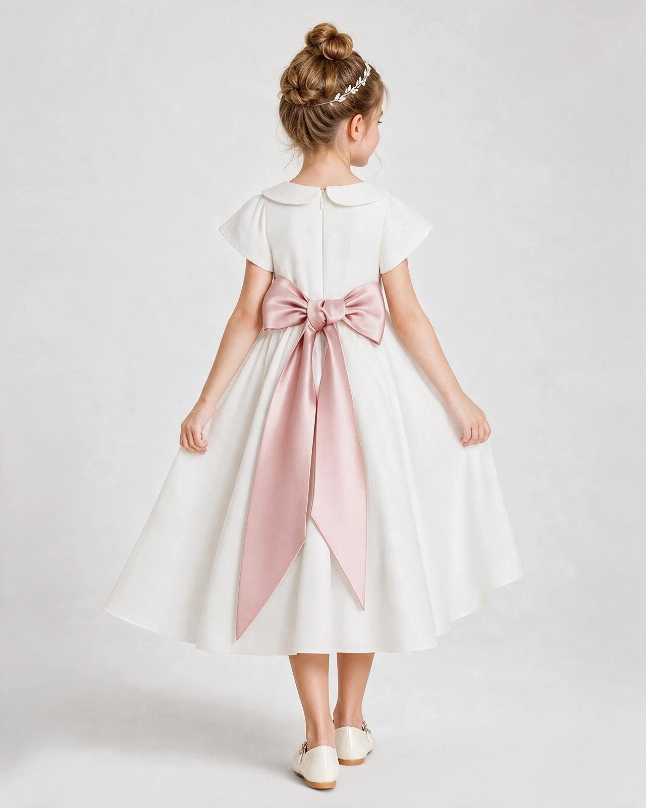 Dideyttawl Satin Peter Pan Collar Flower Girl Dress with Back Bow