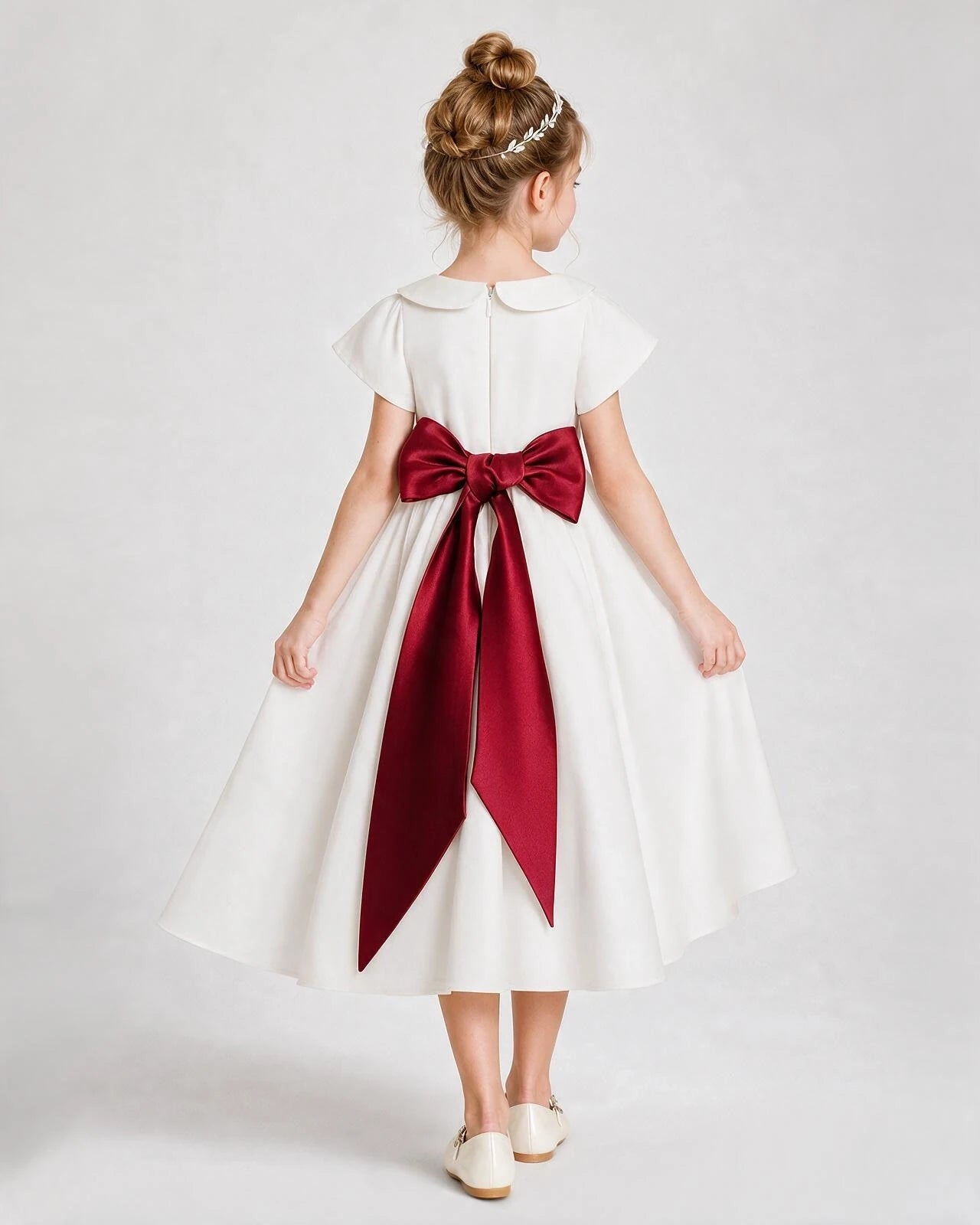 Dideyttawl Satin Peter Pan Collar Flower Girl Dress with Back Bow