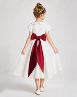 Burgundy satin A-line flower girl dress Back View