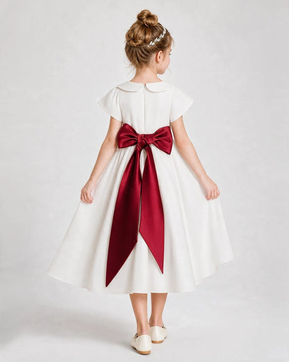 Dideyttawl Satin Peter Pan Collar Flower Girl Dress with Back Bow