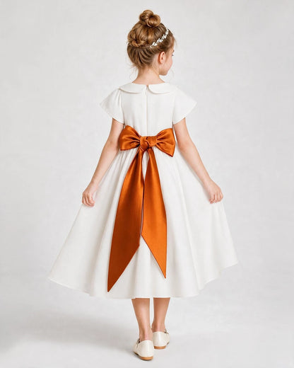 Dideyttawl Satin Peter Pan Collar Flower Girl Dress with Back Bow