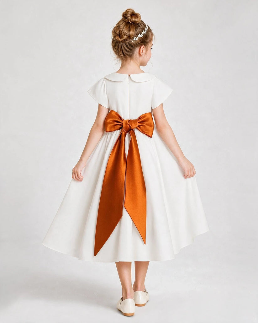 Burnt Orange Satin A-Line Flower Girl Dress Back View