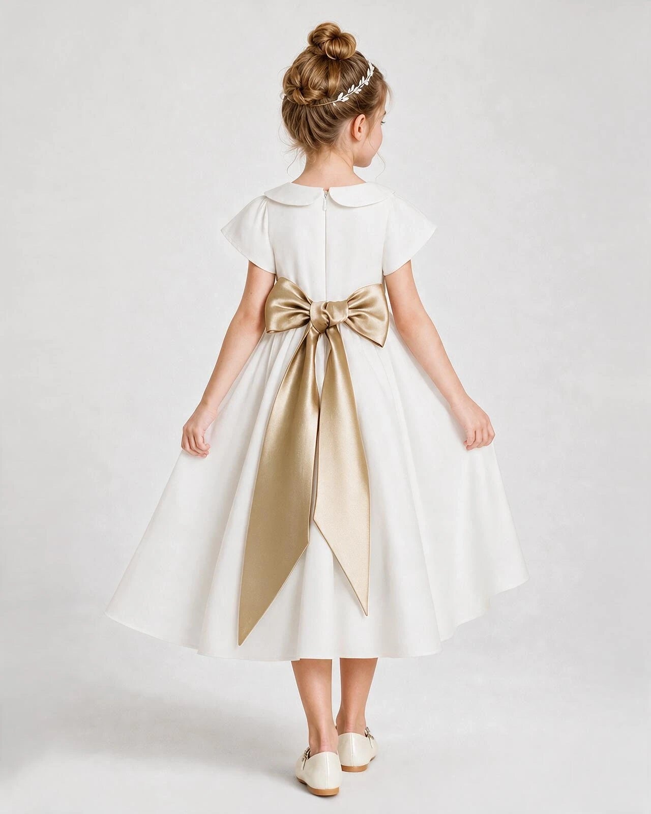 Dideyttawl Satin Peter Pan Collar Flower Girl Dress with Back Bow