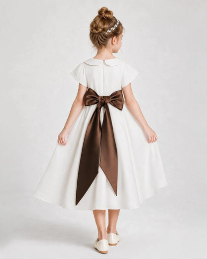 Dideyttawl Satin Peter Pan Collar Flower Girl Dress with Back Bow