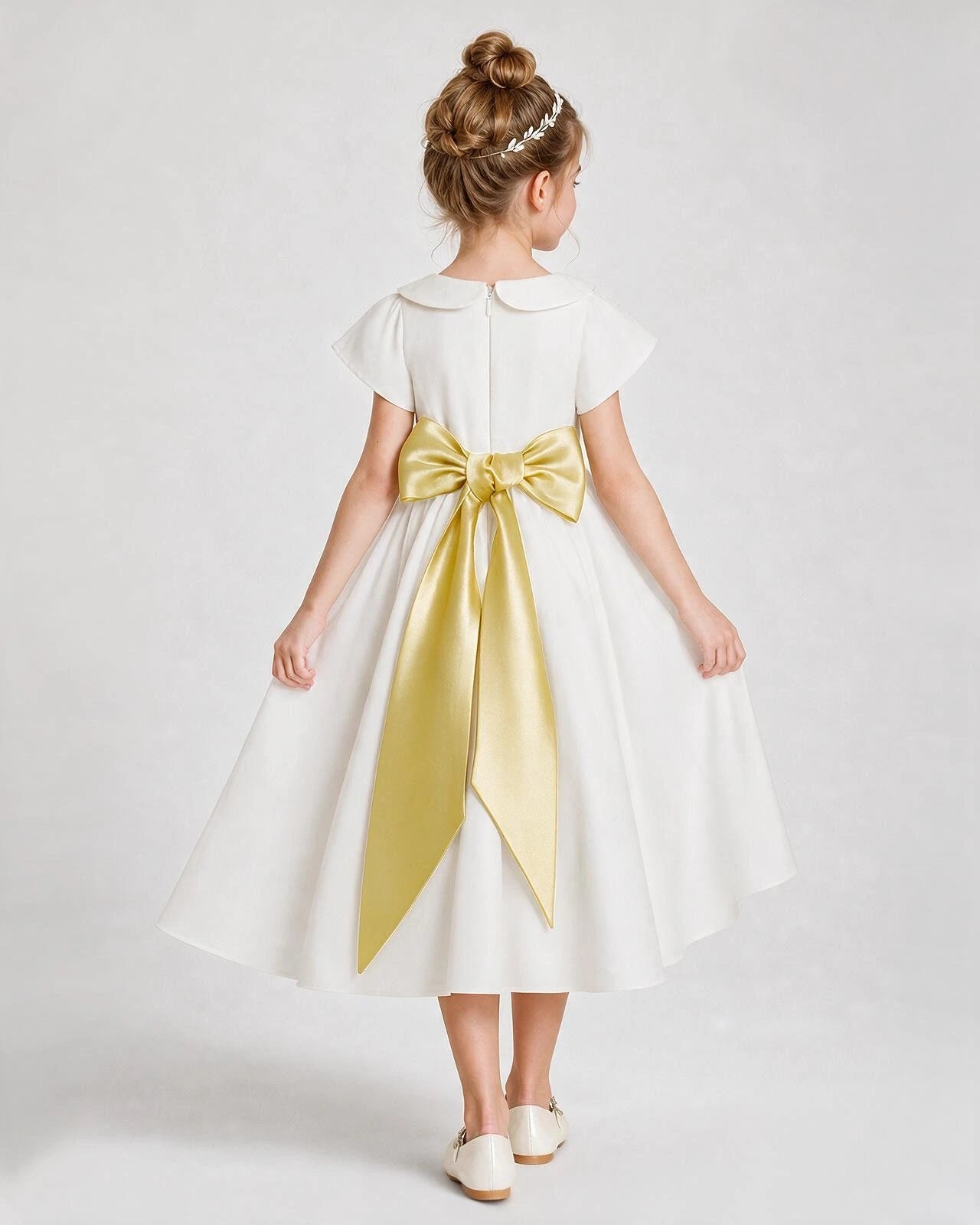 Dideyttawl Satin Peter Pan Collar Flower Girl Dress with Back Bow