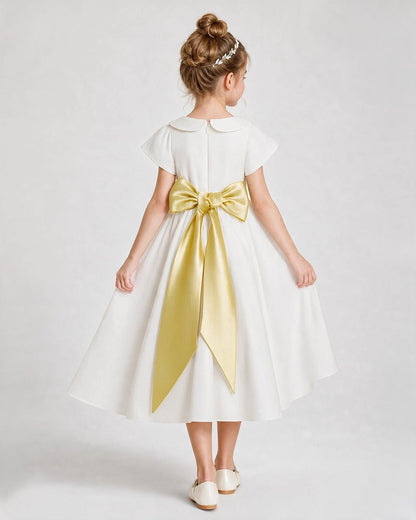 Dideyttawl Satin Peter Pan Collar Flower Girl Dress with Back Bow
