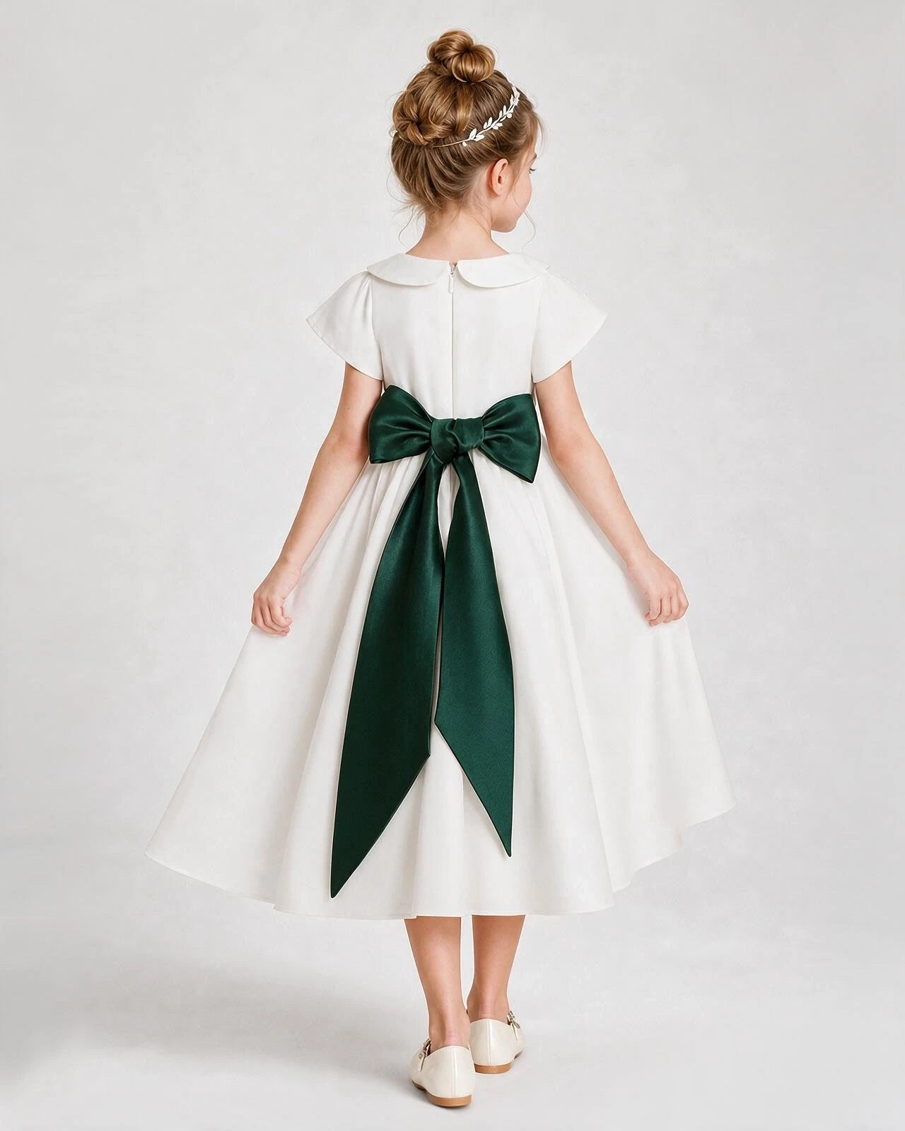 Dideyttawl Satin Peter Pan Collar Flower Girl Dress with Back Bow