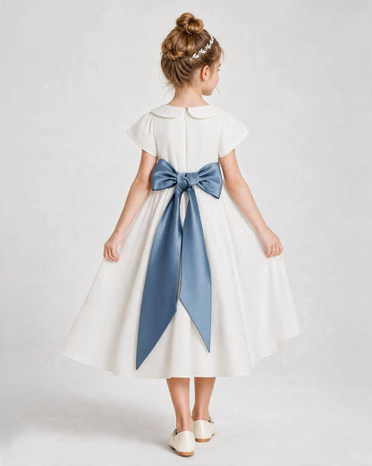 Dideyttawl Satin Peter Pan Collar Flower Girl Dress with Back Bow
