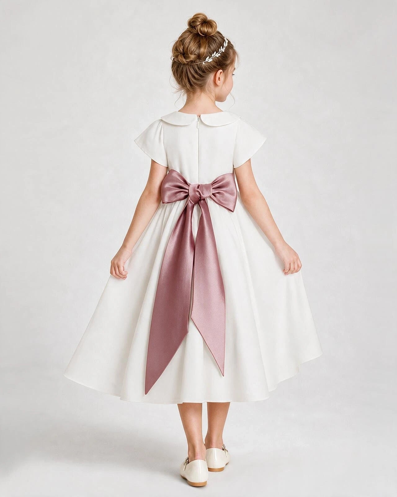 Dideyttawl Satin Peter Pan Collar Flower Girl Dress with Back Bow