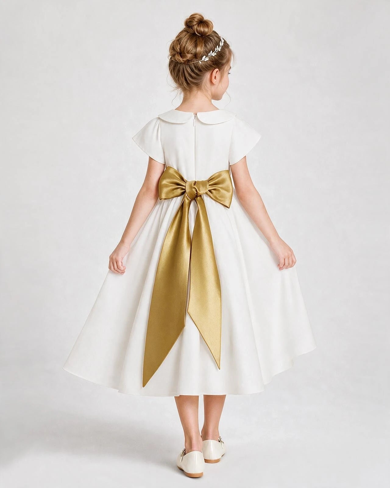 Dideyttawl Satin Peter Pan Collar Flower Girl Dress with Back Bow