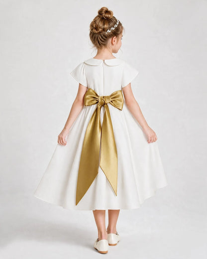 Dideyttawl Satin Peter Pan Collar Flower Girl Dress with Back Bow