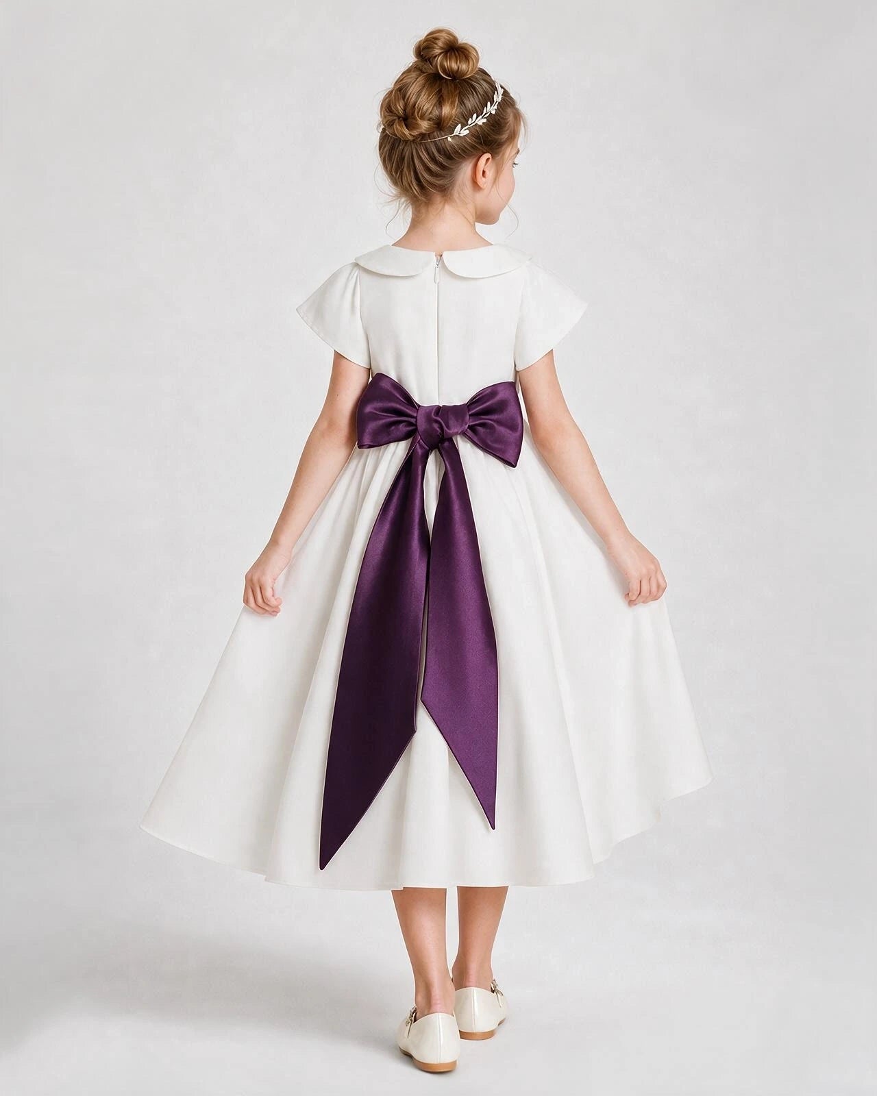 Dideyttawl Satin Peter Pan Collar Flower Girl Dress with Back Bow