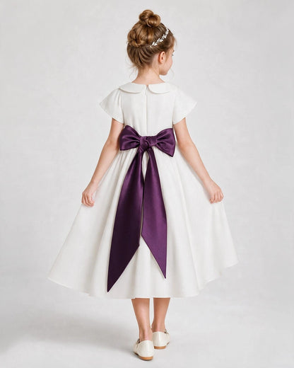 Dideyttawl Satin Peter Pan Collar Flower Girl Dress with Back Bow