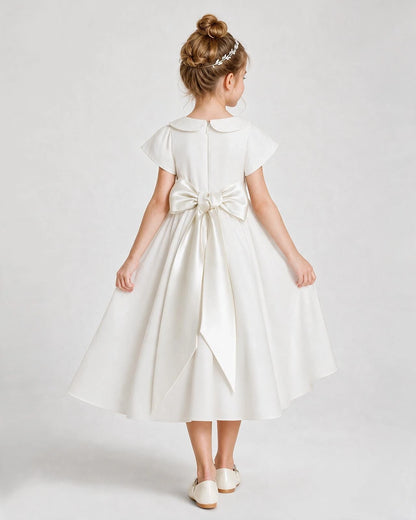 Dideyttawl Satin Peter Pan Collar Flower Girl Dress with Back Bow
