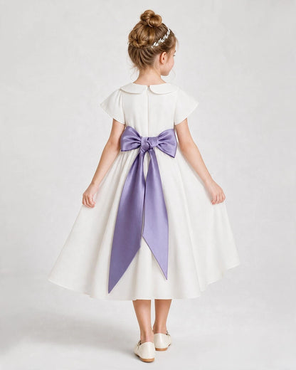Dideyttawl Satin Peter Pan Collar Flower Girl Dress with Back Bow