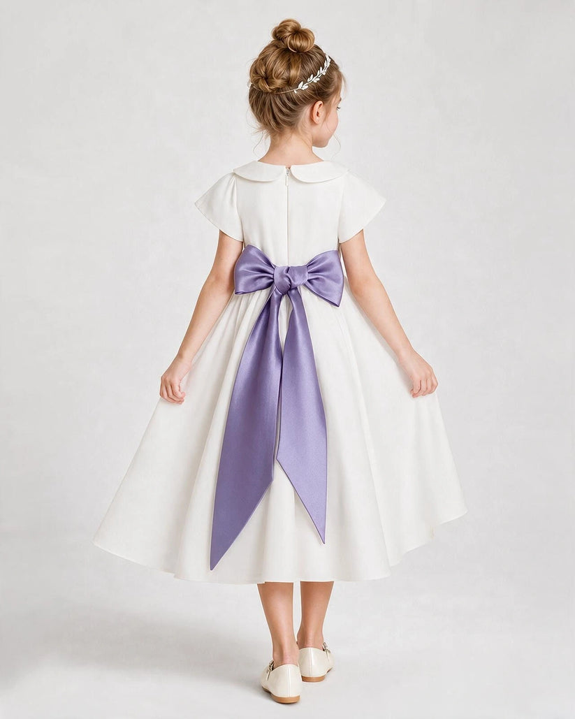 Lavender satin bow a-line flower girl dress Back View