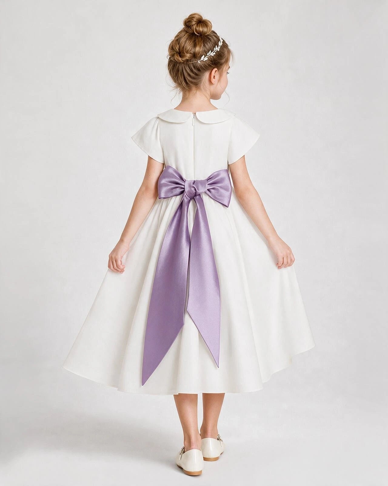 Dideyttawl Satin Peter Pan Collar Flower Girl Dress with Back Bow