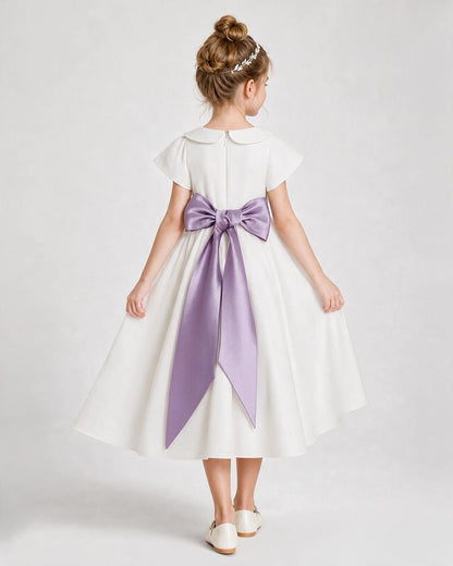 Dideyttawl Satin Peter Pan Collar Flower Girl Dress with Back Bow