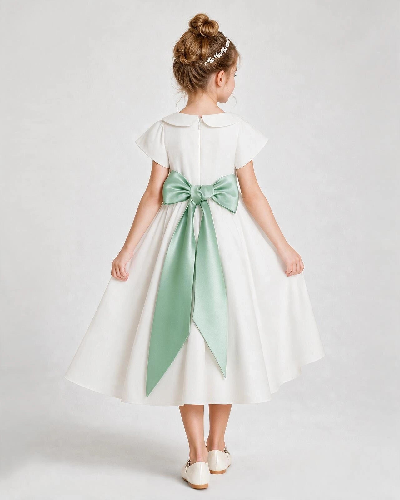 Dideyttawl Satin Peter Pan Collar Flower Girl Dress with Back Bow