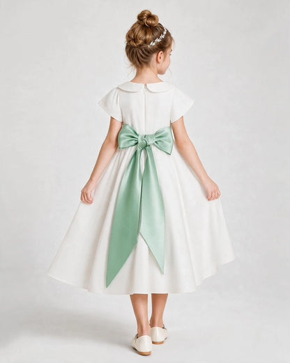 Dideyttawl Satin Peter Pan Collar Flower Girl Dress with Back Bow