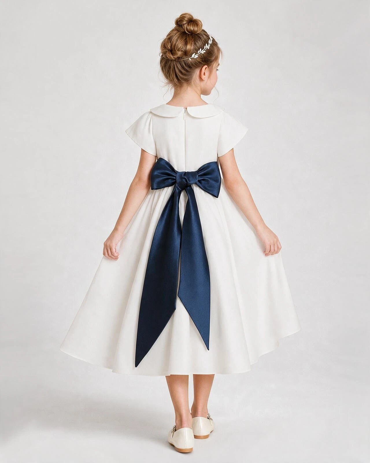 Dideyttawl Satin Peter Pan Collar Flower Girl Dress with Back Bow