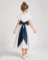 Navy Blue Satin A-Line Flower Girl Dresses Back View