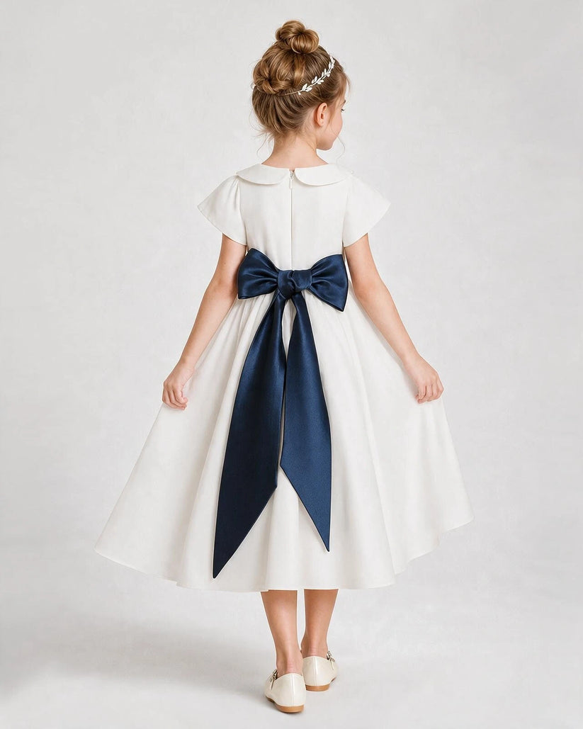 Navy Blue Satin A-Line Flower Girl Dresses Back View