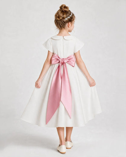 Dideyttawl Satin Peter Pan Collar Flower Girl Dress with Back Bow