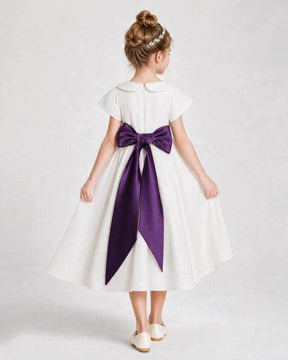 Dideyttawl Satin Peter Pan Collar Flower Girl Dress with Back Bow