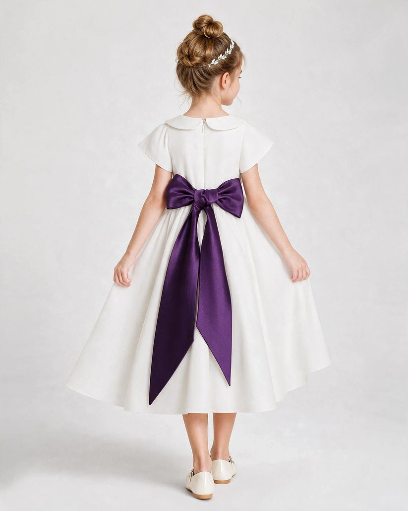 Purple Satin A-Line Flower Girl Dress Back View
