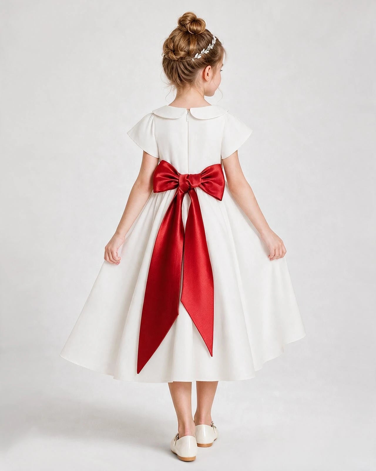 Dideyttawl Satin Peter Pan Collar Flower Girl Dress with Back Bow