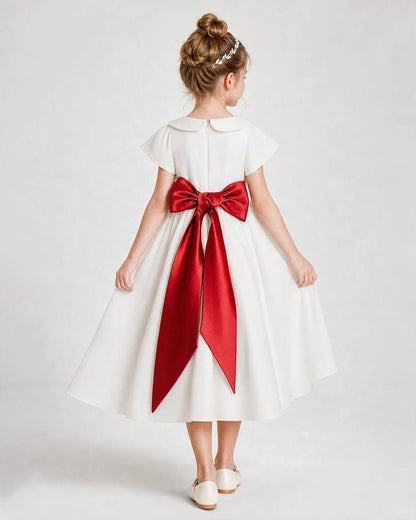Dideyttawl Satin Peter Pan Collar Flower Girl Dress with Back Bow