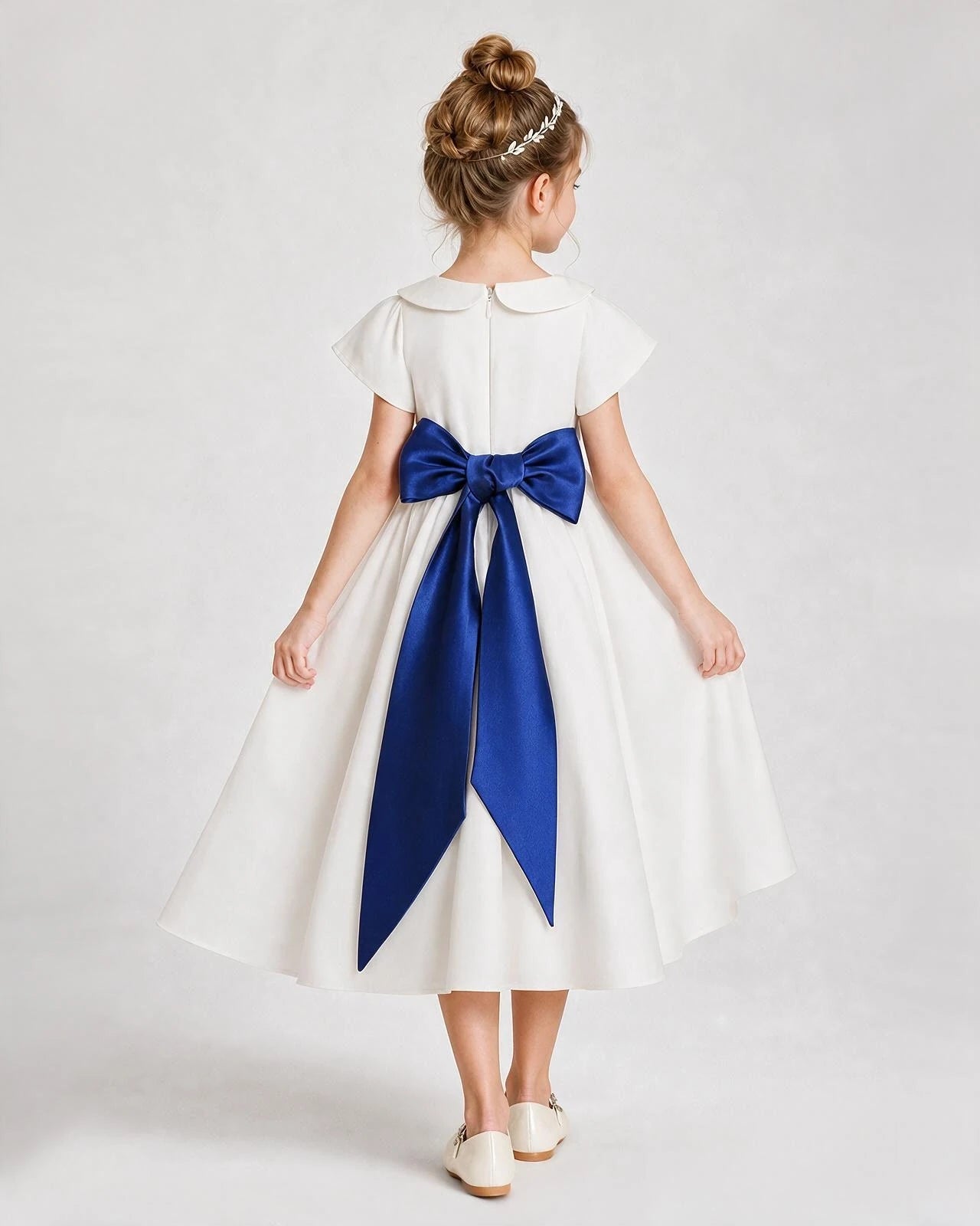 Dideyttawl Satin Peter Pan Collar Flower Girl Dress with Back Bow