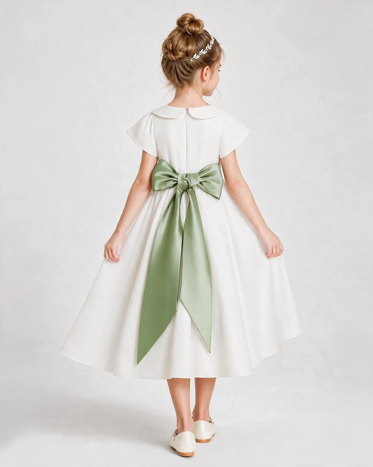 Dideyttawl Satin Peter Pan Collar Flower Girl Dress with Back Bow