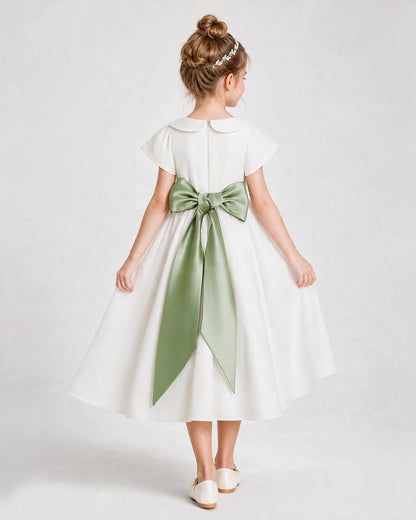 Dideyttawl Satin Peter Pan Collar Flower Girl Dress with Back Bow